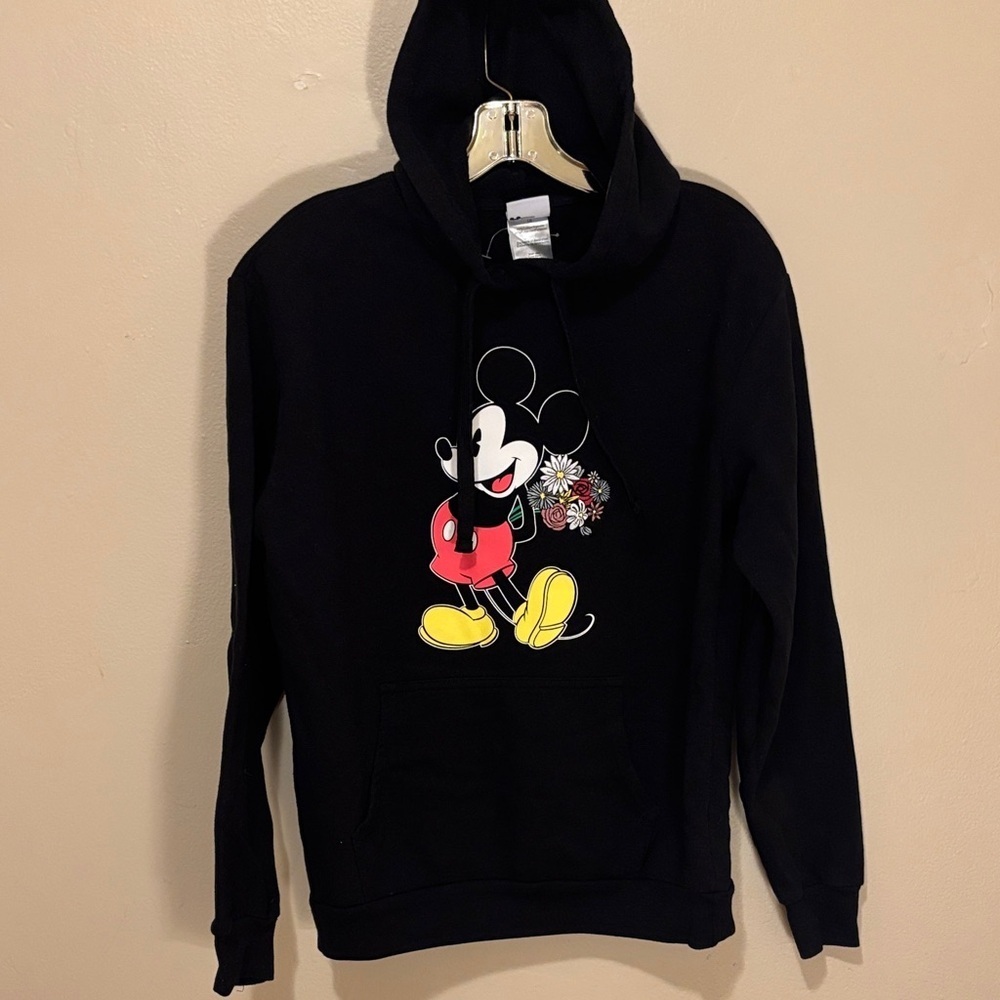 Disney Black Hoodie with Mickey Mouse and Floral Design